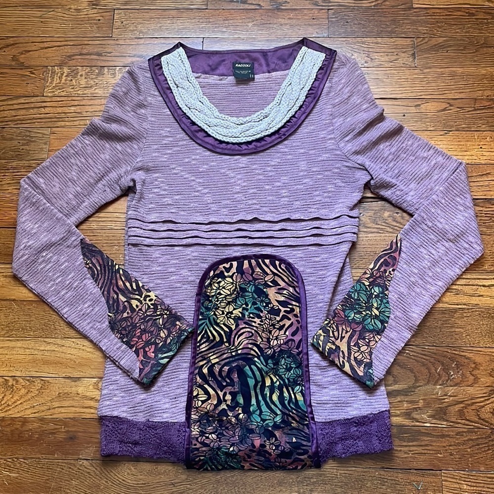 Radzoli Purple Boho Mixed Media Shirt Size Small